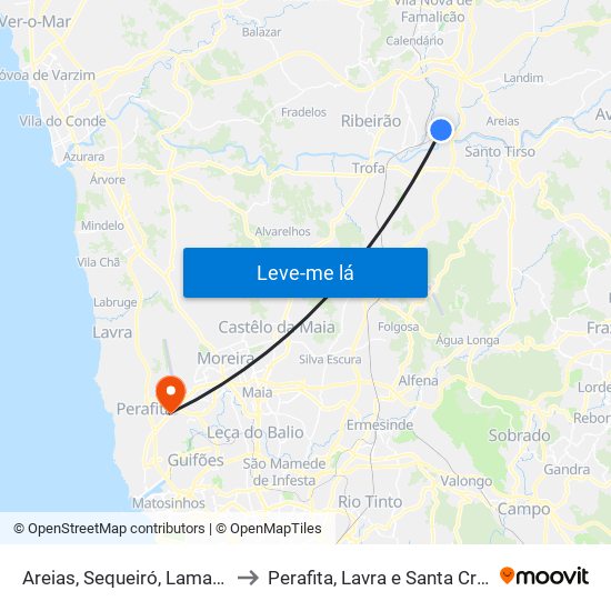 Areias, Sequeiró, Lama e Palmeira to Perafita, Lavra e Santa Cruz do Bispo map