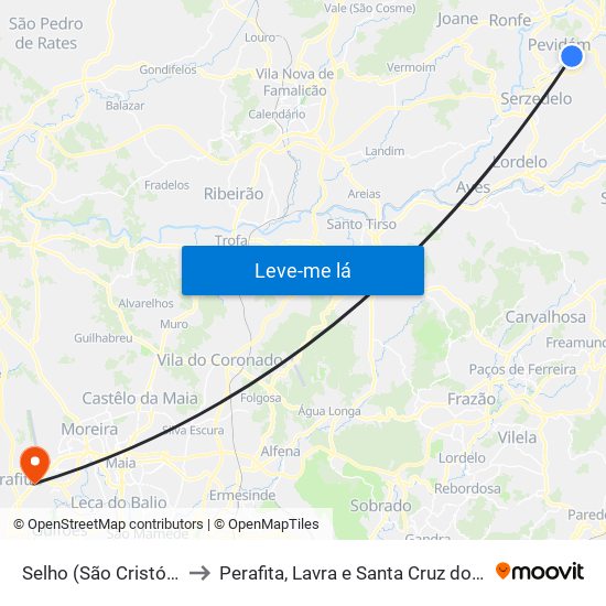 Selho (São Cristóvão) to Perafita, Lavra e Santa Cruz do Bispo map