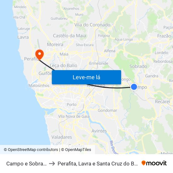 Campo e Sobrado to Perafita, Lavra e Santa Cruz do Bispo map