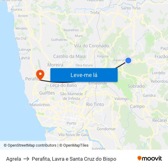 Agrela to Perafita, Lavra e Santa Cruz do Bispo map
