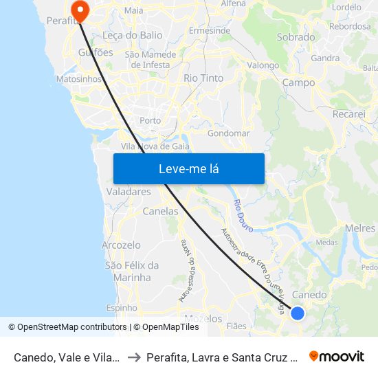 Canedo, Vale e Vila Maior to Perafita, Lavra e Santa Cruz do Bispo map