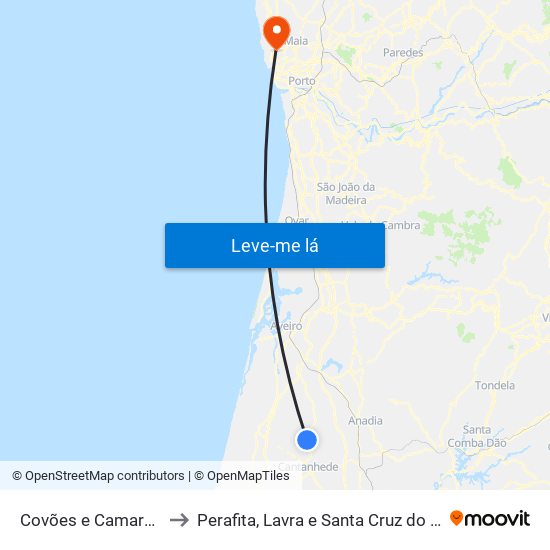 Covões e Camarneira to Perafita, Lavra e Santa Cruz do Bispo map