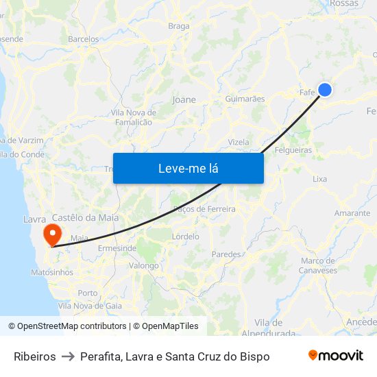Ribeiros to Perafita, Lavra e Santa Cruz do Bispo map