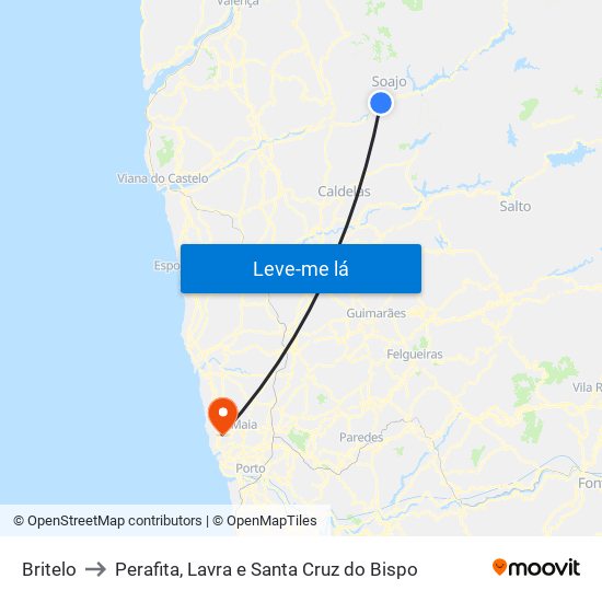 Britelo to Perafita, Lavra e Santa Cruz do Bispo map