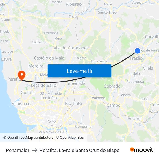 Penamaior to Perafita, Lavra e Santa Cruz do Bispo map