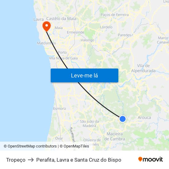 Tropeço to Perafita, Lavra e Santa Cruz do Bispo map