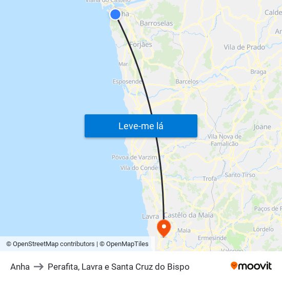 Anha to Perafita, Lavra e Santa Cruz do Bispo map