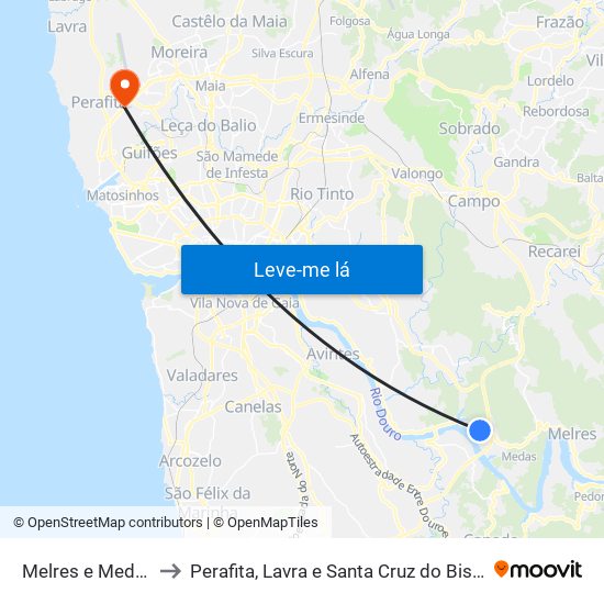 Melres e Medas to Perafita, Lavra e Santa Cruz do Bispo map