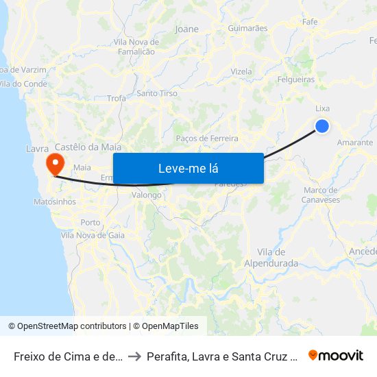Freixo de Cima e de Baixo to Perafita, Lavra e Santa Cruz do Bispo map