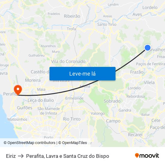 Eiriz to Perafita, Lavra e Santa Cruz do Bispo map