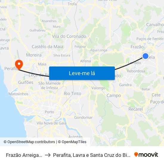 Frazão Arreigada to Perafita, Lavra e Santa Cruz do Bispo map