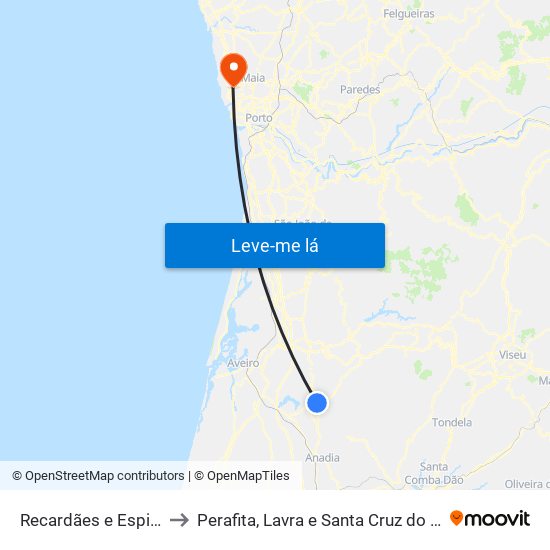 Recardães e Espinhel to Perafita, Lavra e Santa Cruz do Bispo map