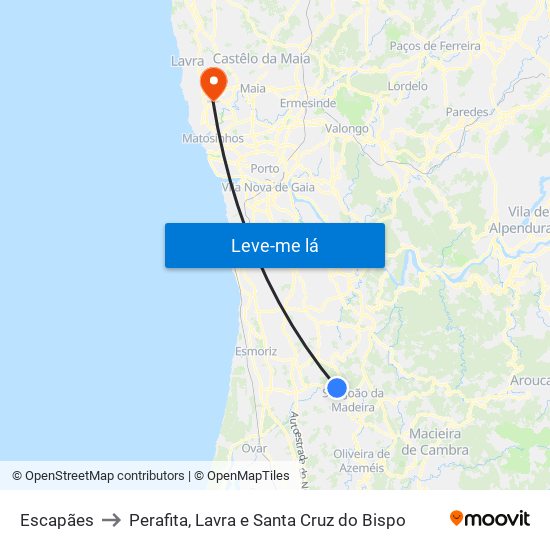 Escapães to Perafita, Lavra e Santa Cruz do Bispo map