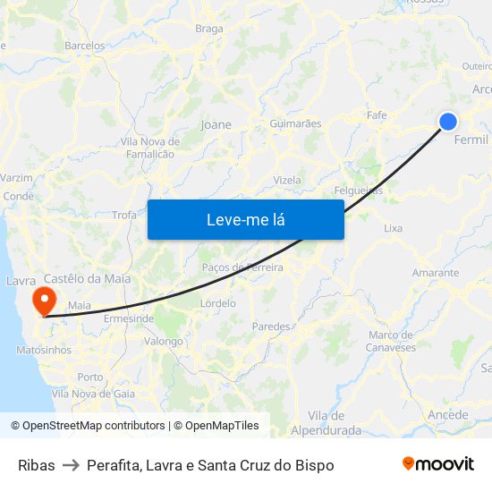 Ribas to Perafita, Lavra e Santa Cruz do Bispo map