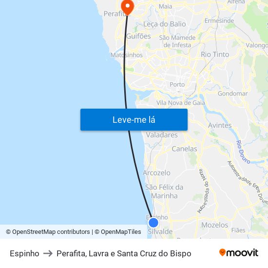 Espinho to Perafita, Lavra e Santa Cruz do Bispo map