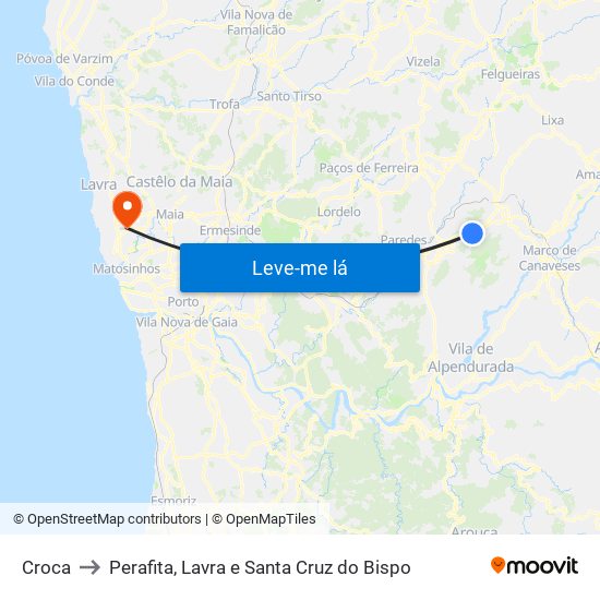 Croca to Perafita, Lavra e Santa Cruz do Bispo map