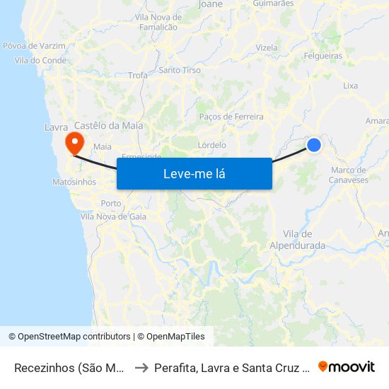 Recezinhos (São Mamede) to Perafita, Lavra e Santa Cruz do Bispo map