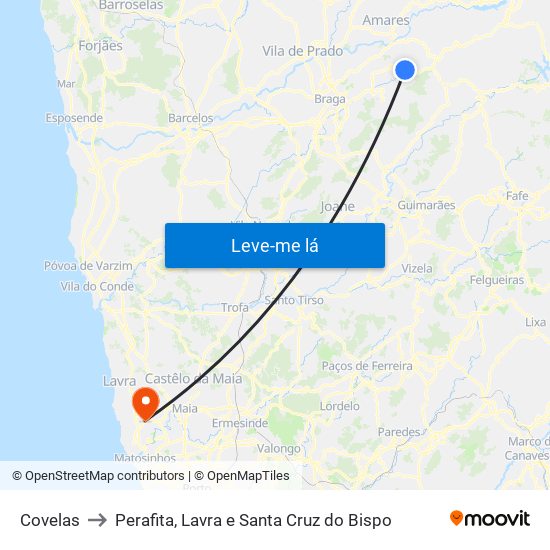 Covelas to Perafita, Lavra e Santa Cruz do Bispo map