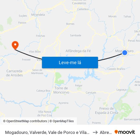 Mogadouro, Valverde, Vale de Porco e Vilar de Rei to Abreiro map