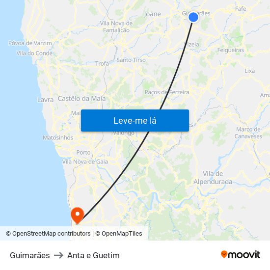 Guimarães to Anta e Guetim map