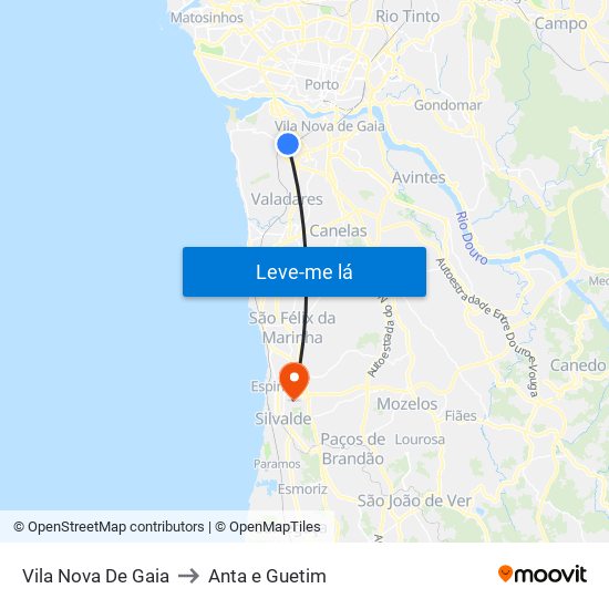 Vila Nova De Gaia to Anta e Guetim map