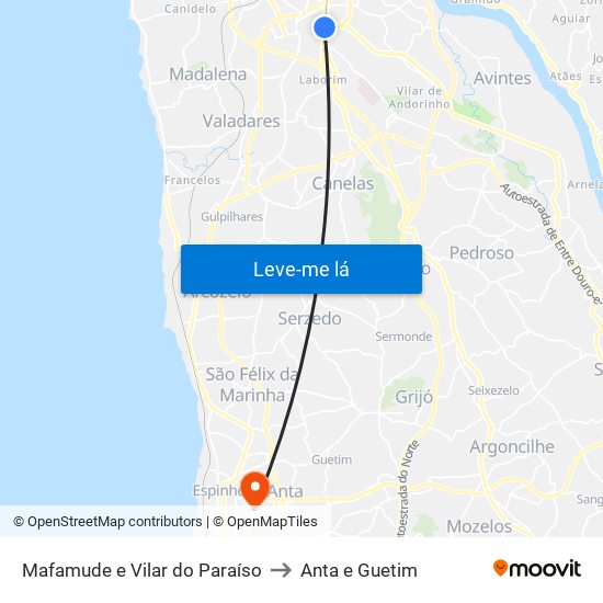 Mafamude e Vilar do Paraíso to Anta e Guetim map