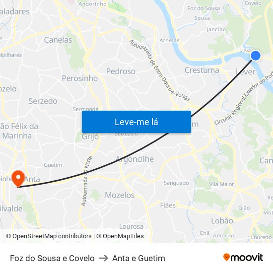 Foz do Sousa e Covelo to Anta e Guetim map