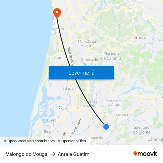 Valongo do Vouga to Anta e Guetim map