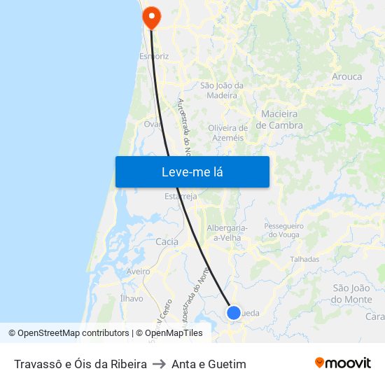 Travassô e Óis da Ribeira to Anta e Guetim map
