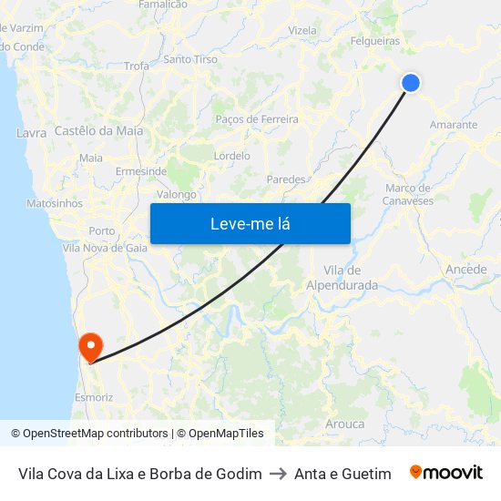 Vila Cova da Lixa e Borba de Godim to Anta e Guetim map