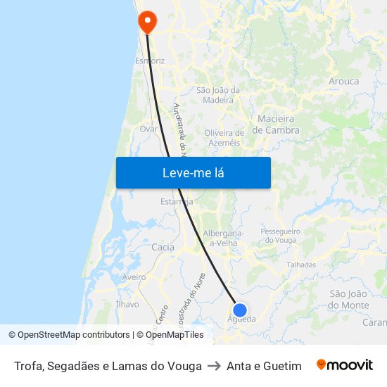 Trofa, Segadães e Lamas do Vouga to Anta e Guetim map