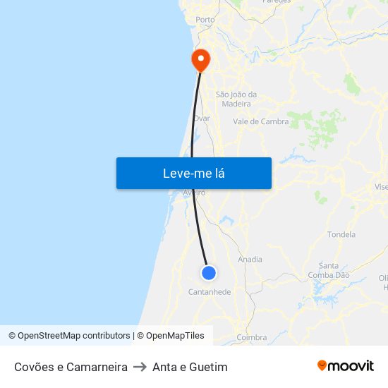 Covões e Camarneira to Anta e Guetim map