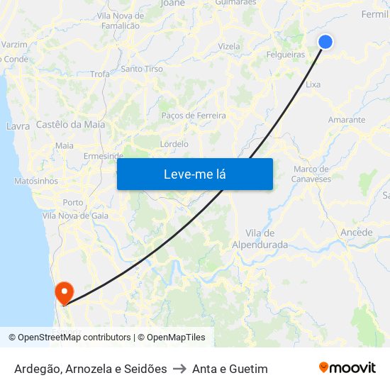 Ardegão, Arnozela e Seidões to Anta e Guetim map