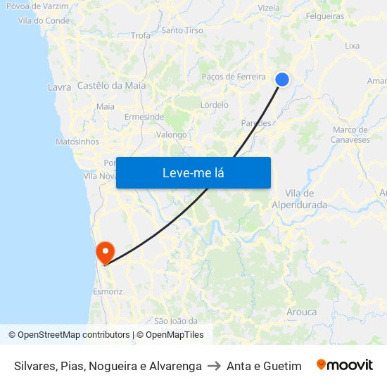 Silvares, Pias, Nogueira e Alvarenga to Anta e Guetim map