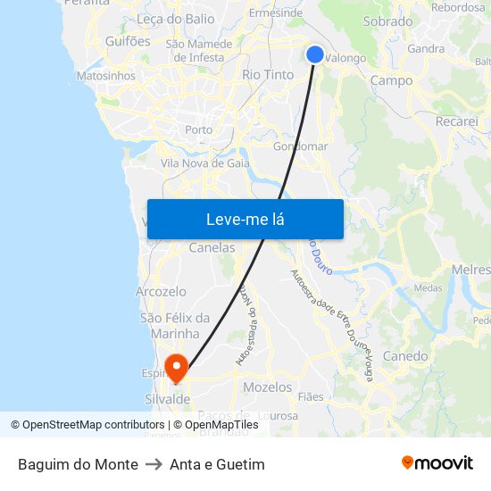 Baguim do Monte to Anta e Guetim map