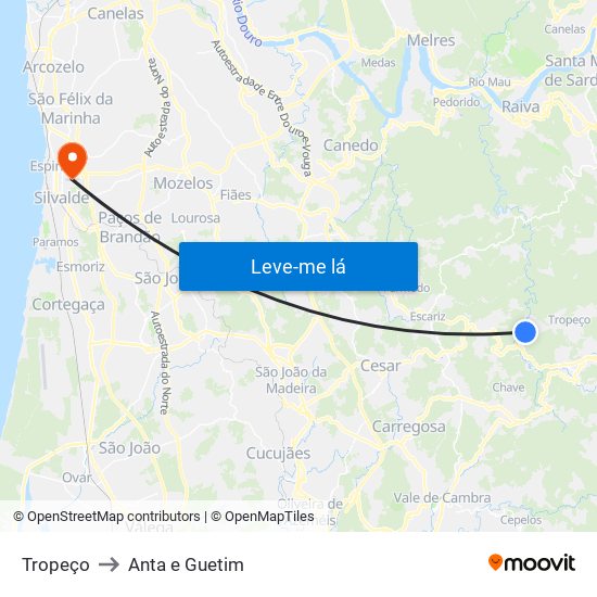 Tropeço to Anta e Guetim map