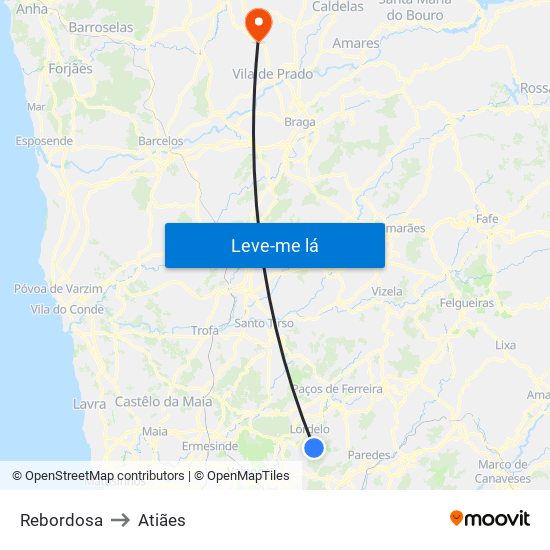 Rebordosa to Atiães map