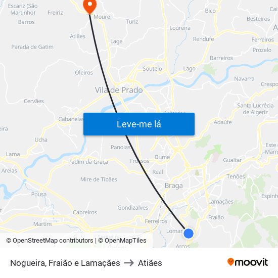 Nogueira, Fraião e Lamaçães to Atiães map