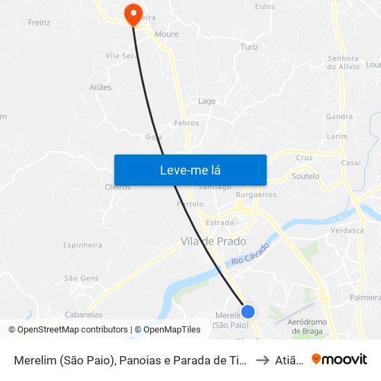 Merelim (São Paio), Panoias e Parada de Tibães to Atiães map