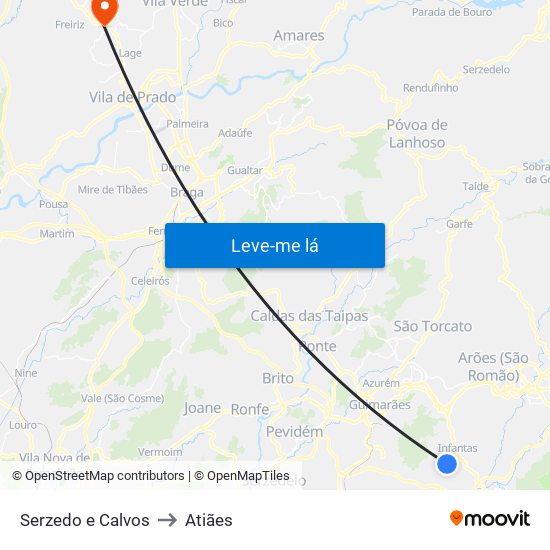 Serzedo e Calvos to Atiães map