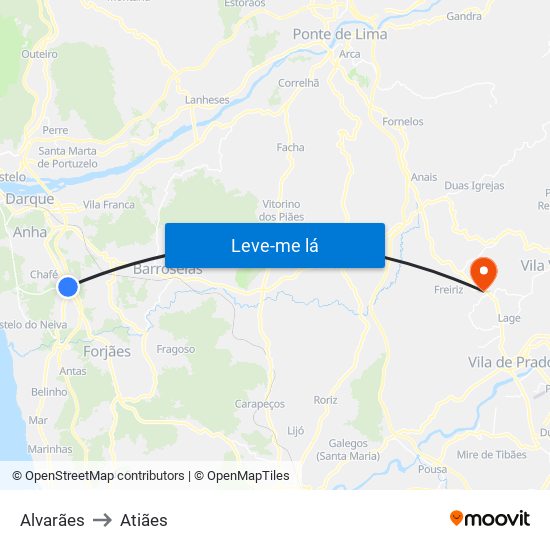 Alvarães to Atiães map