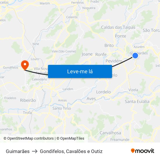 Guimarães to Gondifelos, Cavalões e Outiz map