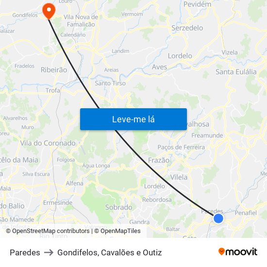 Paredes to Gondifelos, Cavalões e Outiz map