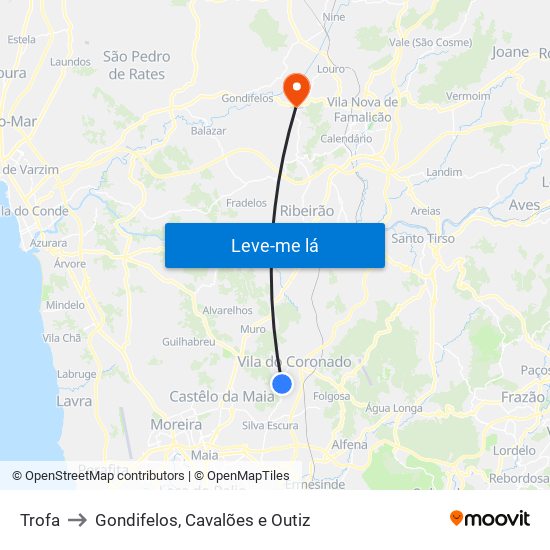 Trofa to Gondifelos, Cavalões e Outiz map
