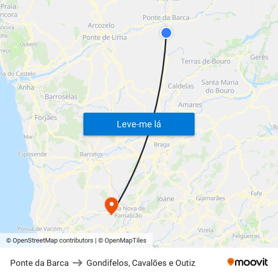 Ponte da Barca to Gondifelos, Cavalões e Outiz map