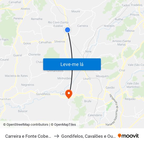 Carreira e Fonte Coberta to Gondifelos, Cavalões e Outiz map