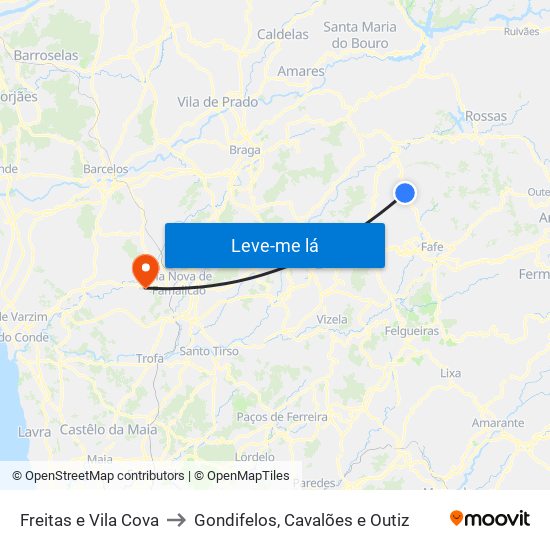 Freitas e Vila Cova to Gondifelos, Cavalões e Outiz map