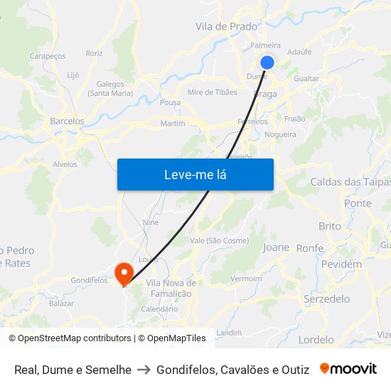 Real, Dume e Semelhe to Gondifelos, Cavalões e Outiz map