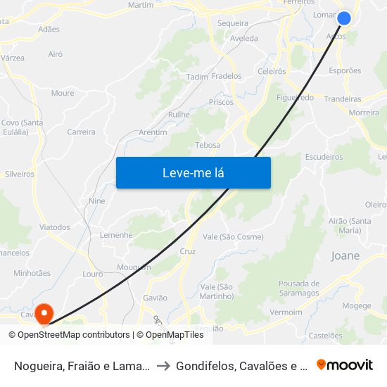 Nogueira, Fraião e Lamaçães to Gondifelos, Cavalões e Outiz map