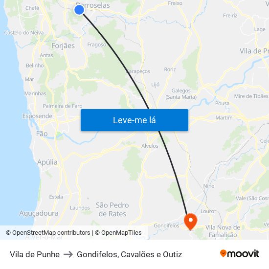 Vila de Punhe to Gondifelos, Cavalões e Outiz map